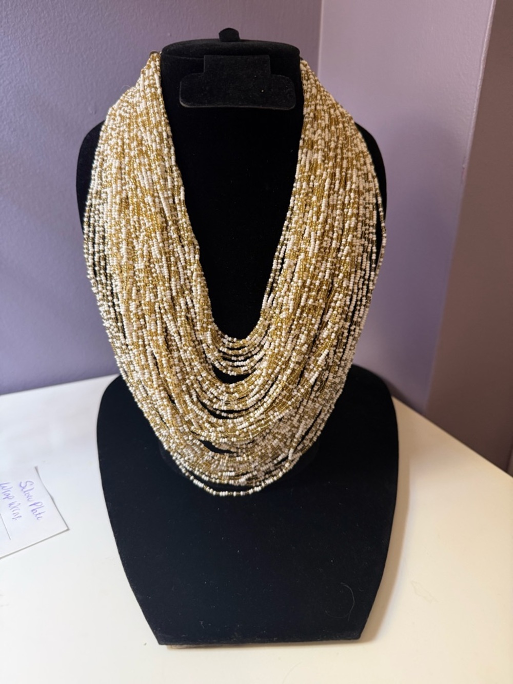 Vintage gold tone, cream  white seed bead Statement Necklace